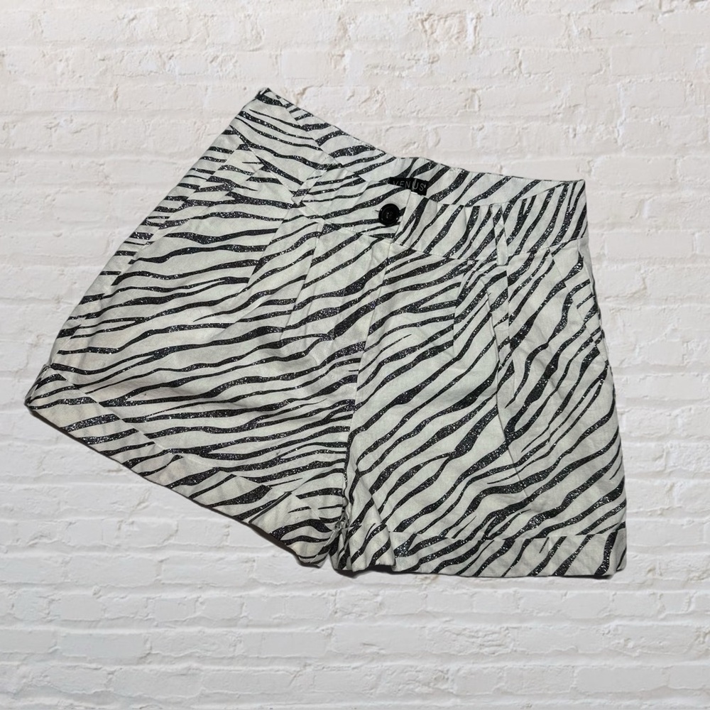 White & Silver Glitter Zebra Print High Waisted Women's Cuff Hem Shorts Size 4